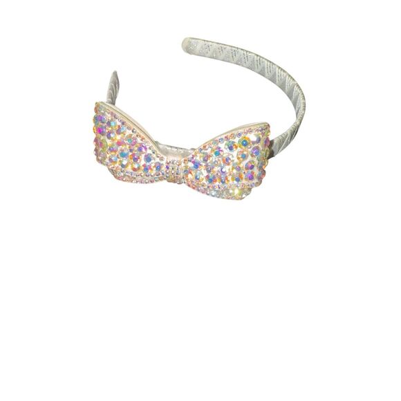 Beaded bow headband iridescent white crystal ribbon - Picture 3 of 7